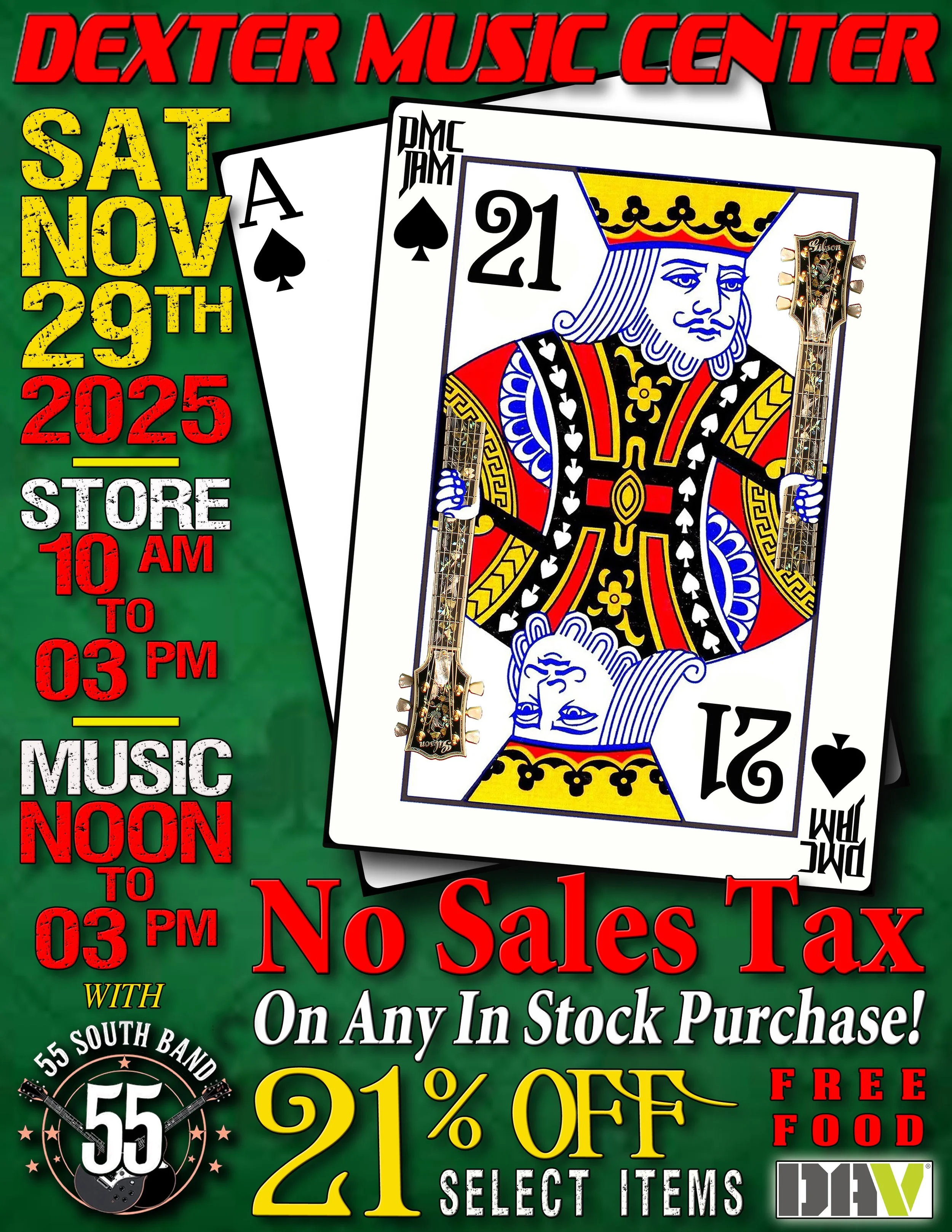 A promotional poster for Dexter Music Center featuring a joker playing card with guitar images and event details. The event is on Saturday, November 29th, 2025, from 10 AM to 3 PM with music from noon to 3 PM. The poster highlights discounts, free food, and no sales tax on in-stock purchases.