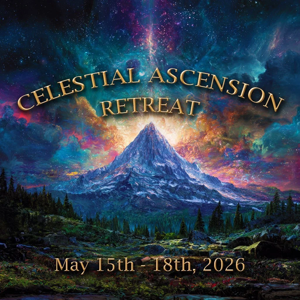 Colorful cosmic sky with a mountain and text overlay reading 'Celestial Ascension Retreat' and 'May 15th-18th, 2026'