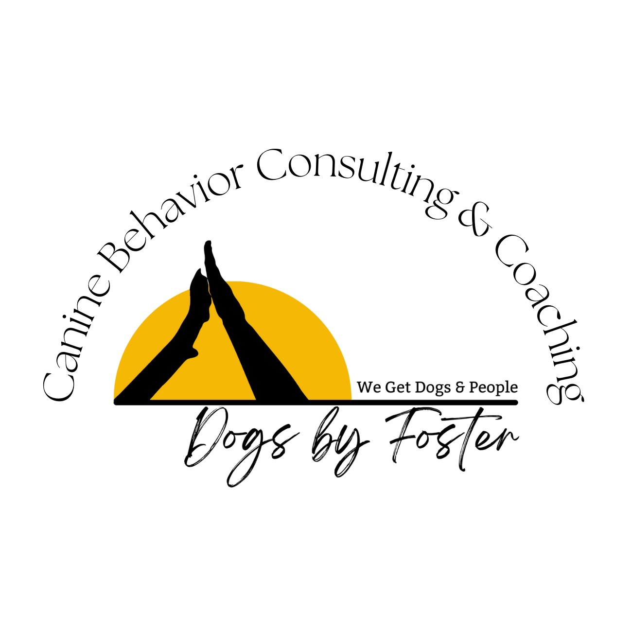 Logo featuring a yellow circle with a human hand high-fiving and a dog’s paw in front of a yellow circle, with a white background. Text surrounding the logo reads 'Caine Behavior Consulting & Coaching,' with smaller text saying 'We Get Dogs & People.