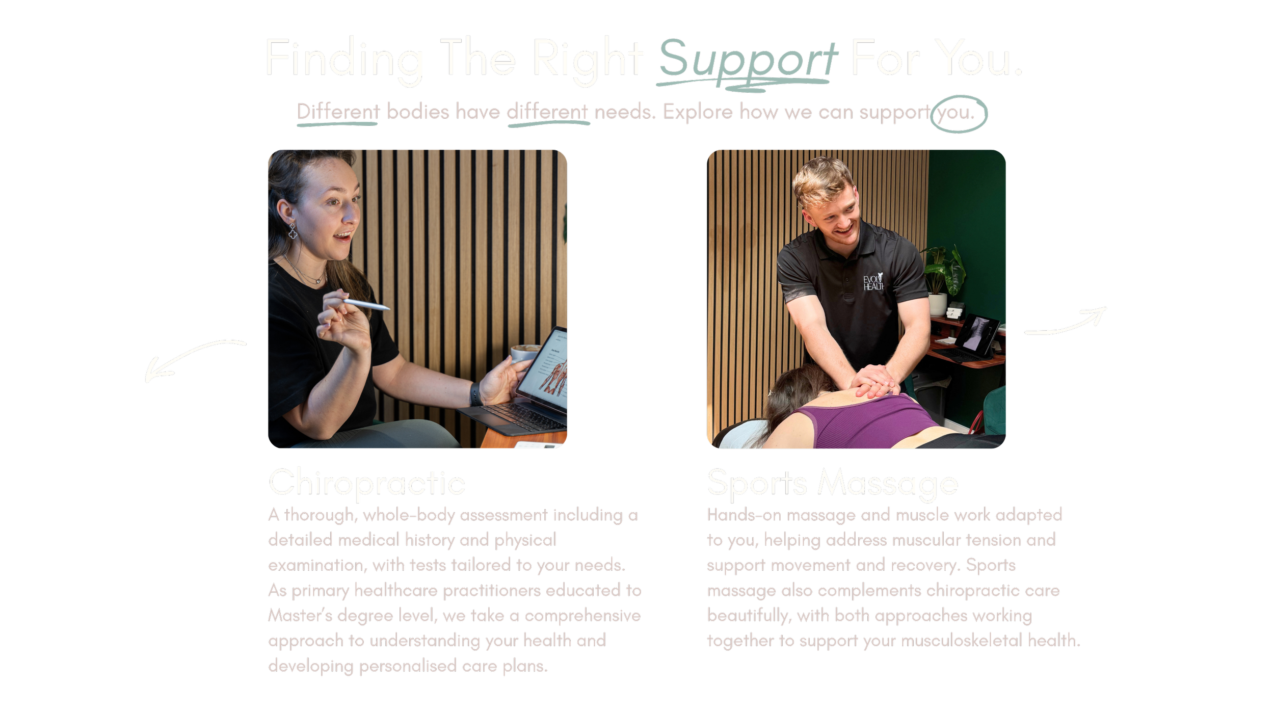 Sports massage therapist at Evolv Health providing hands-on treatment to a patient. Chiropractor at Evolv Health in Bournemouth discussing an anatomical model during a patient consultation.