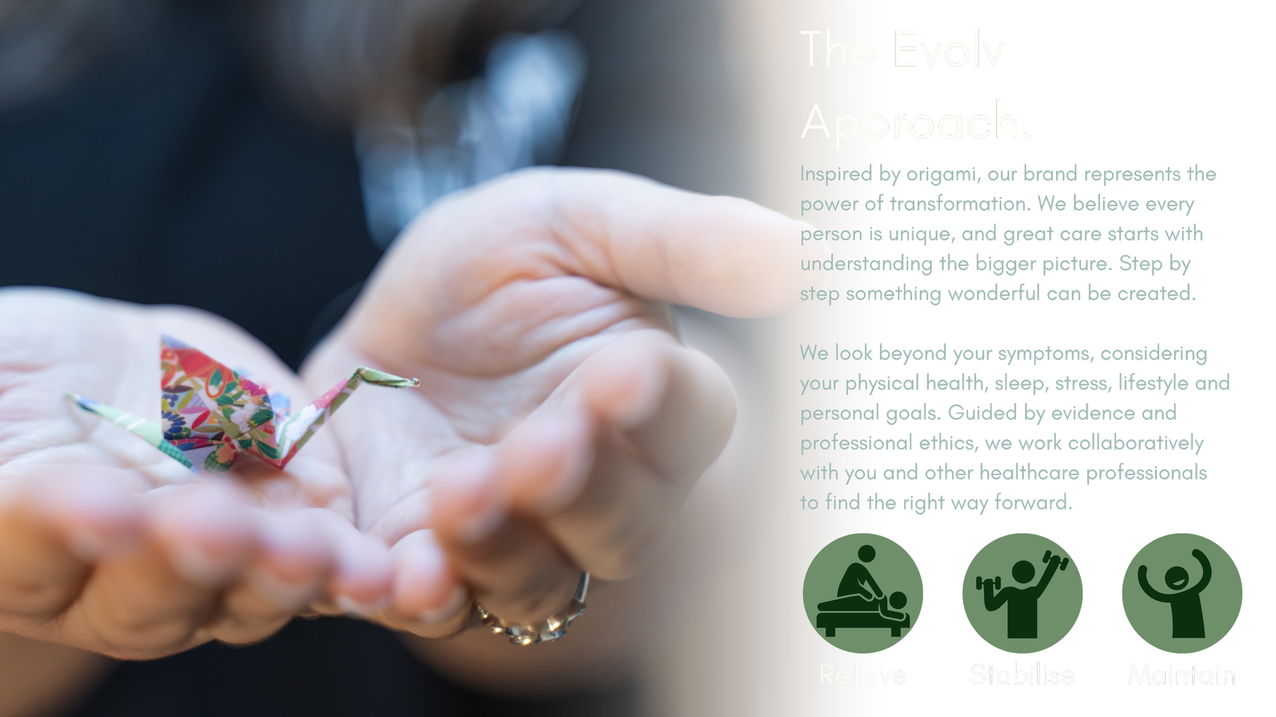 Origami crane held in the hands, representing the Evolv Health philosophy of personalised, whole-person healthcare.