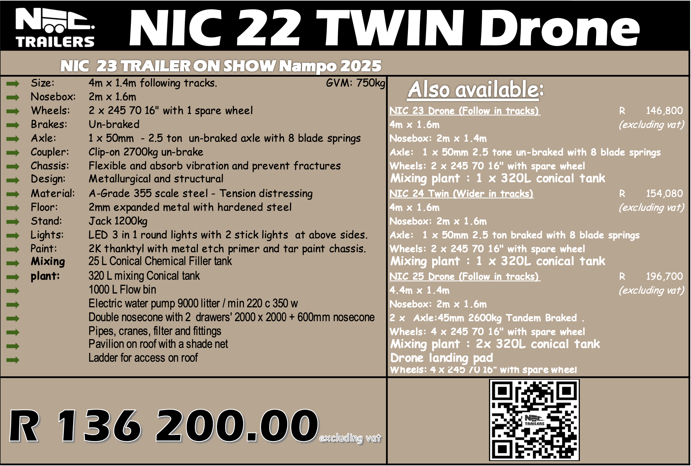 A specifications sheet and pricing for the NIC 22 TWIN Drone trailer. It includes detailed dimensions, features, and optional attachments, with the price R 136,200.00 at the bottom and a QR code in the lower right corner.