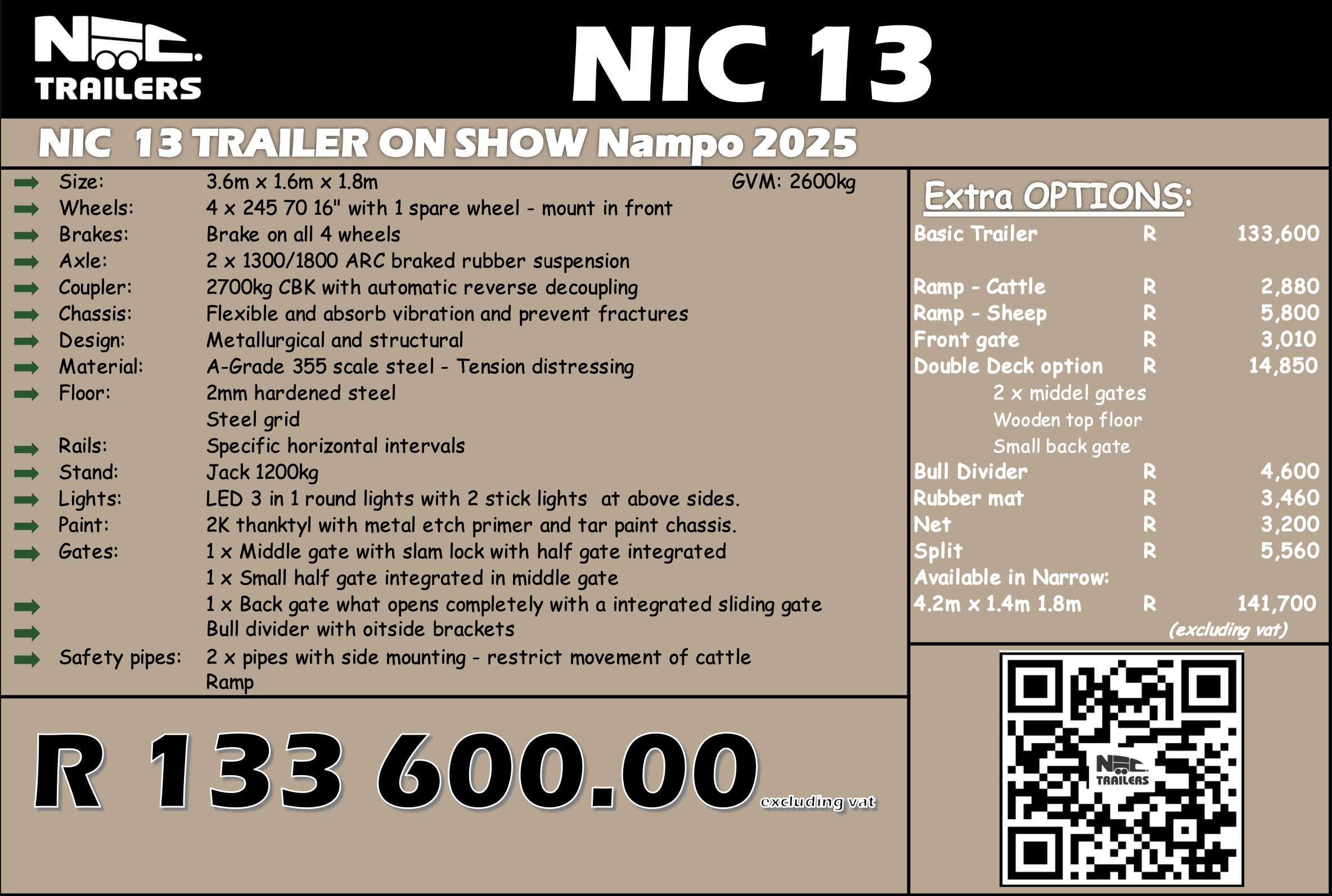 A technical specifications sheet for the NIC 13 trailer on show Nampo 2025, detailing size, wheels, brakes, axle, coupler, chassis, design, material, floor, rails, stand, lights, paint, gates, safety pipes, extra options, and price in South African Rand.