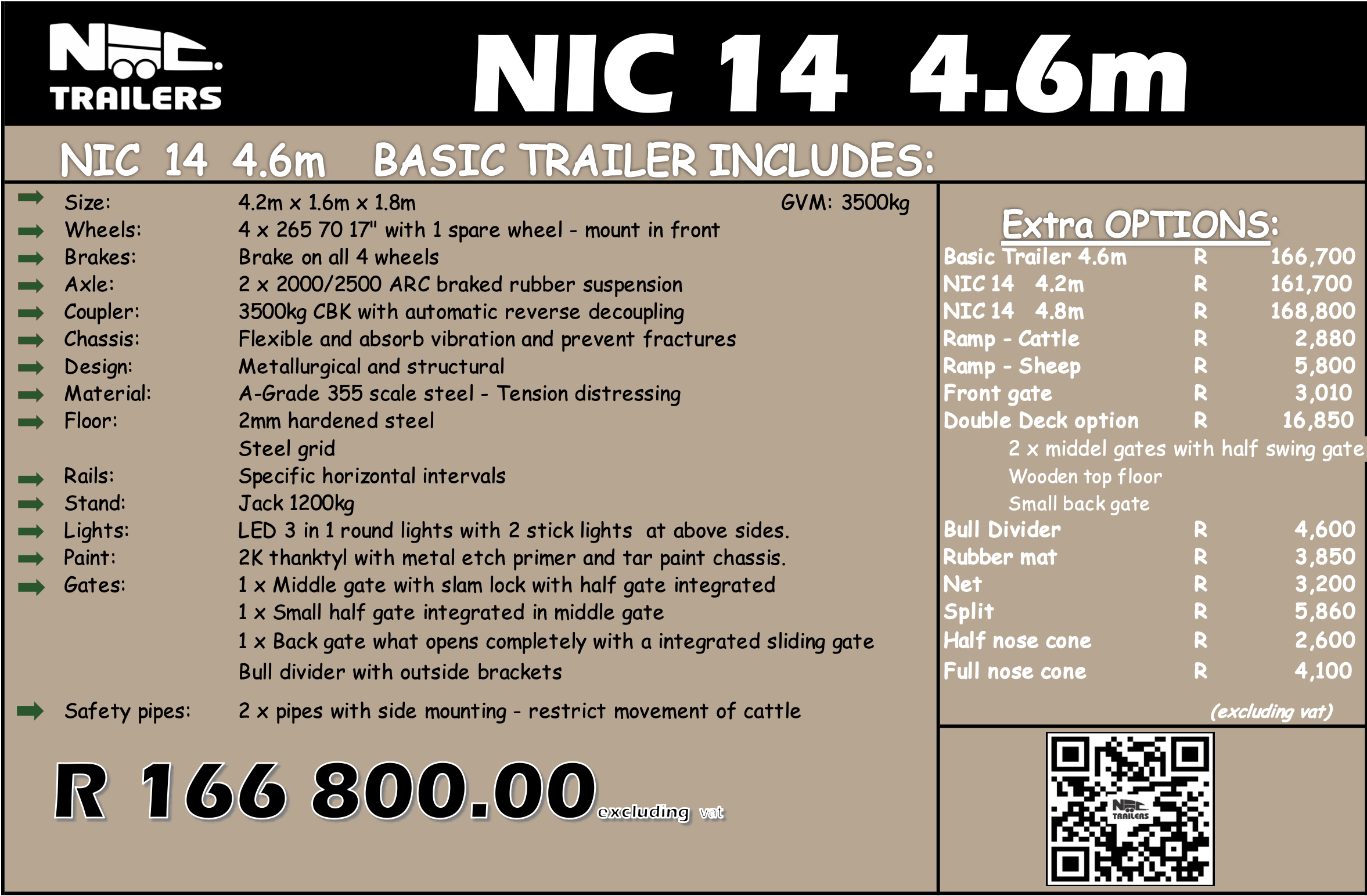 Details of NIC 14 4.6m basic trailer including size, wheels, brakes, axle, coupler, chassis, materials, floor, rails, stand, lights, paint, gates, safety pipes, extras options, and pricing with a QR code.