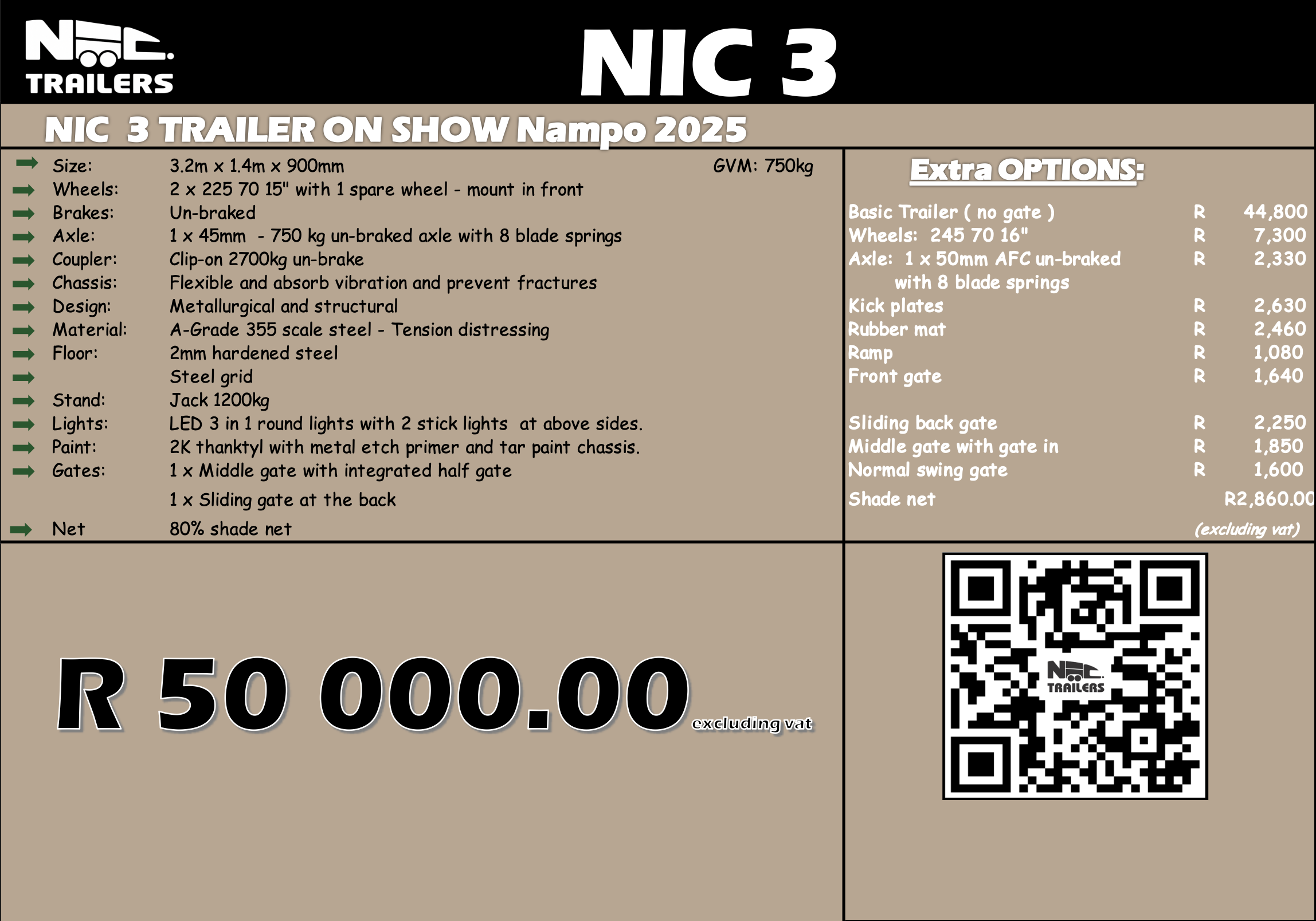 Specifications and pricing details for an NIC 3 trailer displayed on a promotional poster, including dimensions, weight, materials, features, and extra options pricing, along with a QR code.
