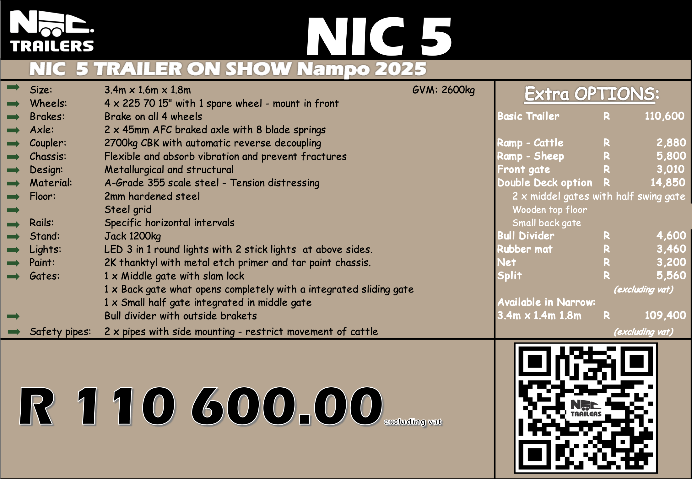 This image is a detailed specifications sheet for a NIC 5 trailer on show at Nampo 2025. It includes technical data such as size, wheel and brake information, axle and coupling details, chassis design, materials, floor type, lighting, paint, and gate options. The sheet also lists extra options with prices, available installation options, and a QR code at the bottom.