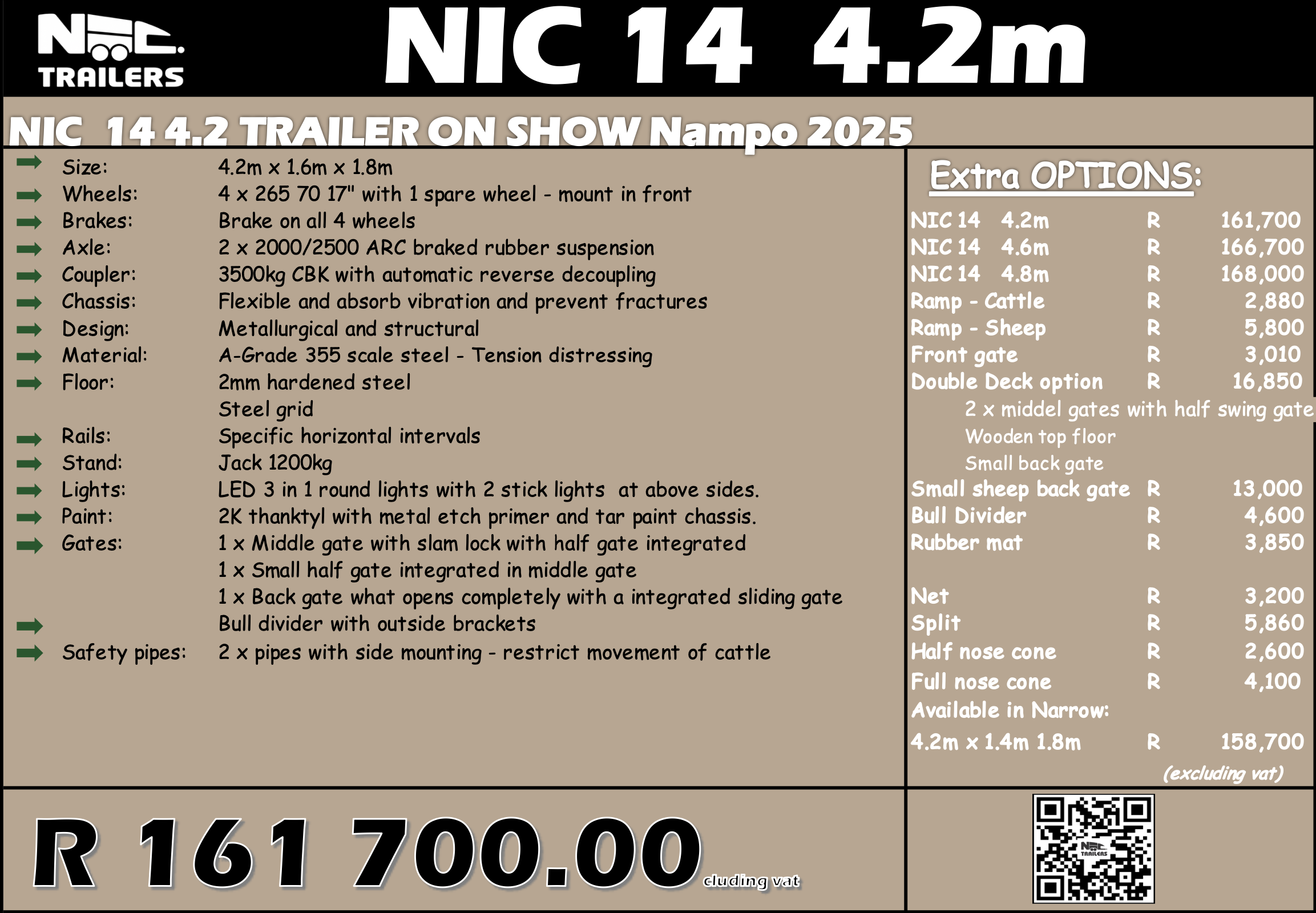 A detailed specifications chart for NIC 14 4.2m livestock trailer on display. The chart includes dimensions, wheel size, brake and axle details, chassis and material info, lighting, paint, gates, safety pipes, and optional extras with prices. The price is R 161 700, excluding VAT.