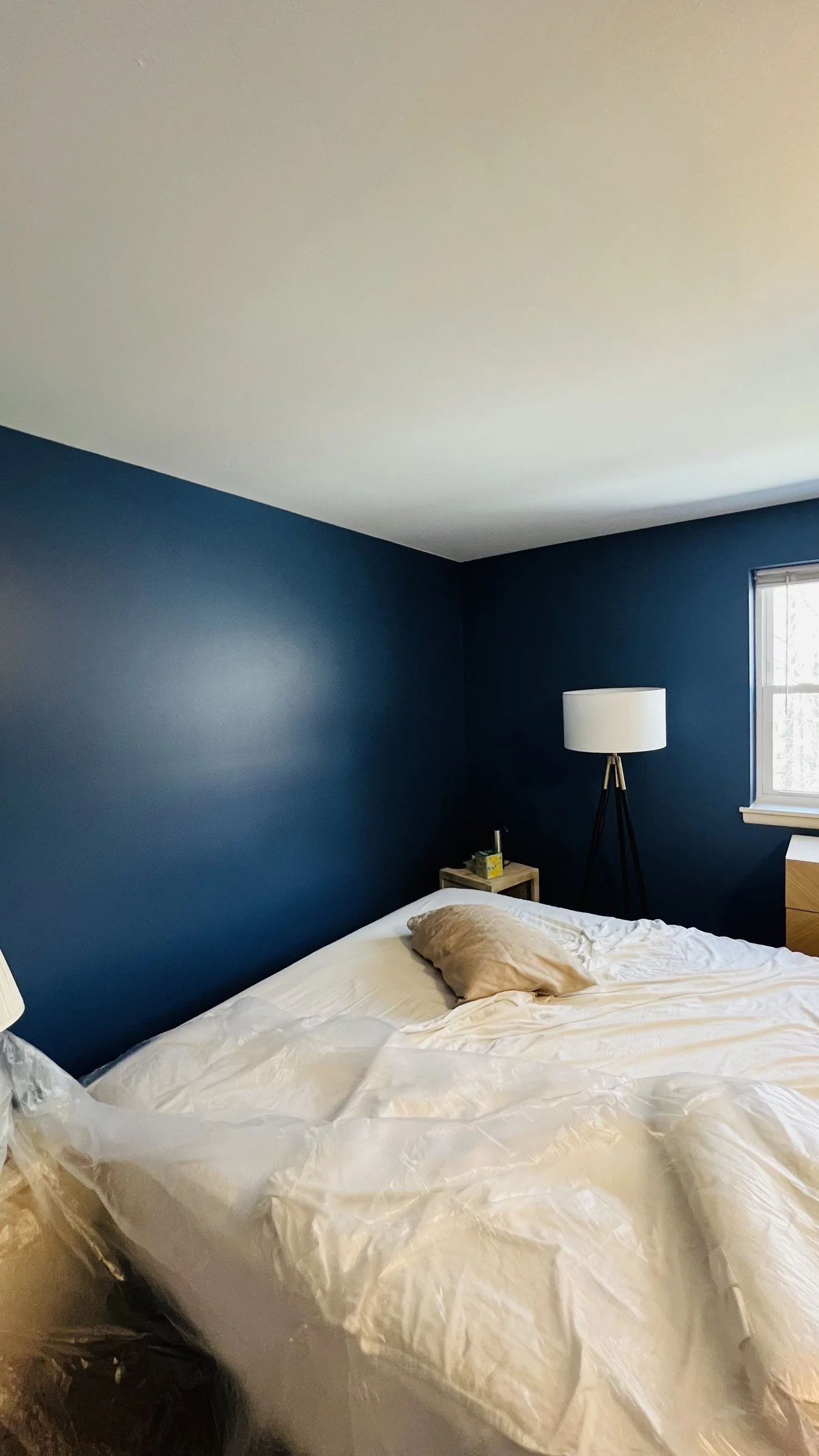Finished Columbia bedroom with deep blue walls and crisp white trim