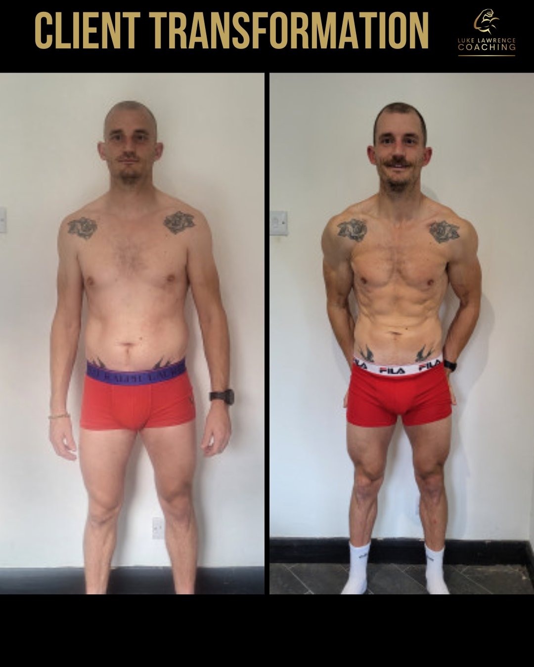 A before and after fitness transformation photo showing a man in red shorts, demonstrating physical changes in muscle definition and body composition.
