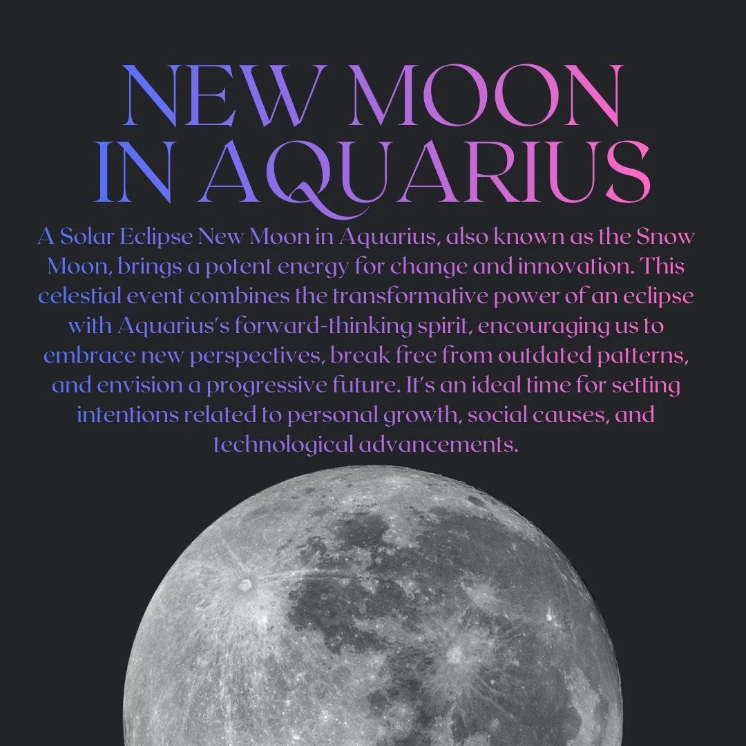 🌑✨ Solar Eclipse Snow Moon in Aquarius! ❄️♒

Get ready for a cosmic reset! This powerful New Moon Solar Eclipse in innovative Aquarius is here to shake things up.

🔮 What to expect:
&bull; Unexpected breakthroughs
&bull; Revolutionary ideas
&bull; 