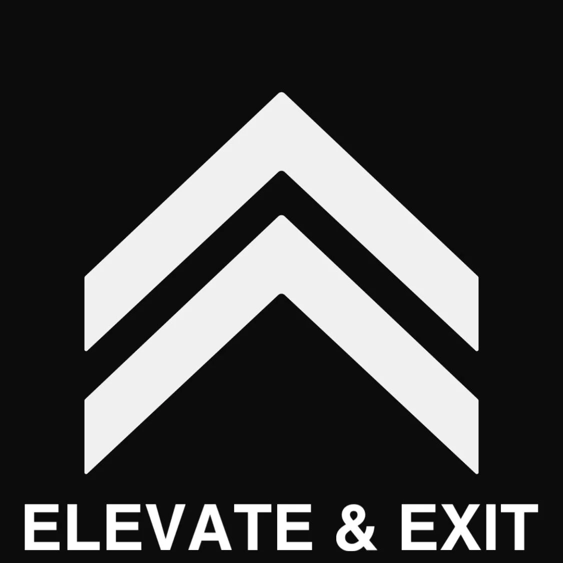 Logo with three upward-pointing chevrons stacked above the text 'ELEVATE & EXIT' in white on a black background.