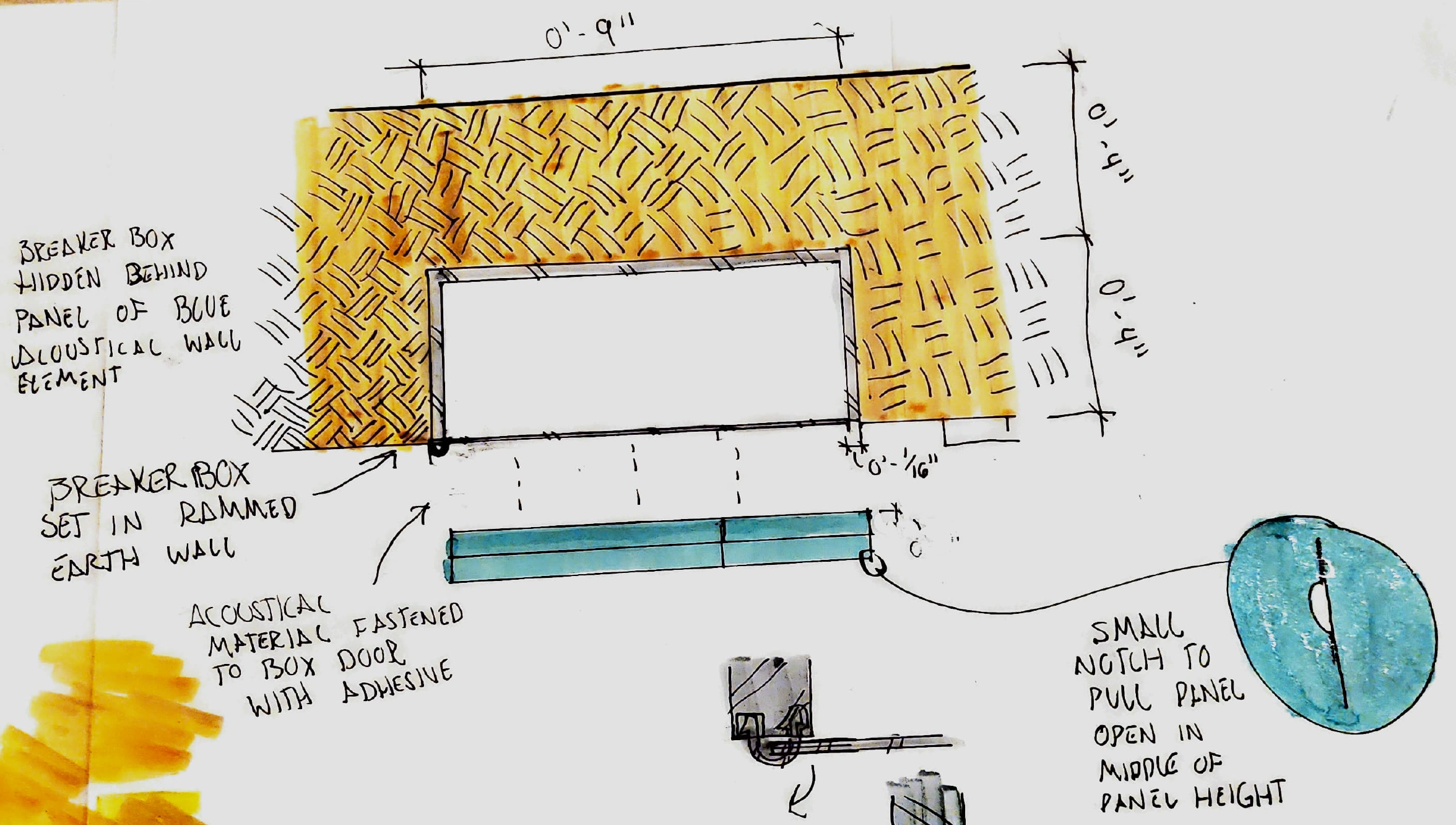 Breaker Box Hidden in Rammed Earth Walls Detail
