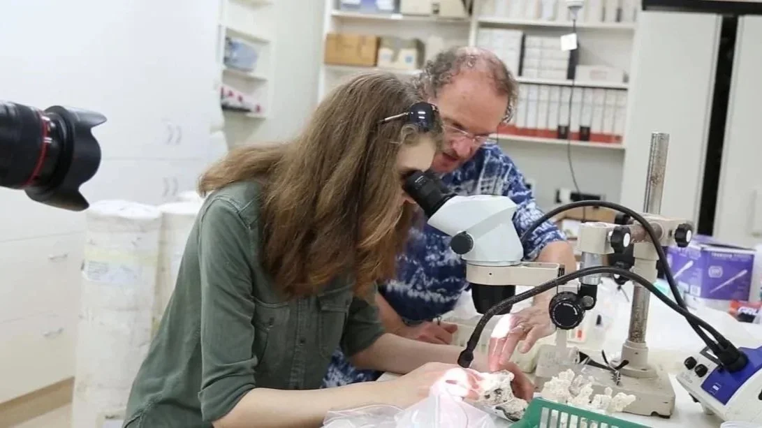 Two people looking into a microscope in a laboratory