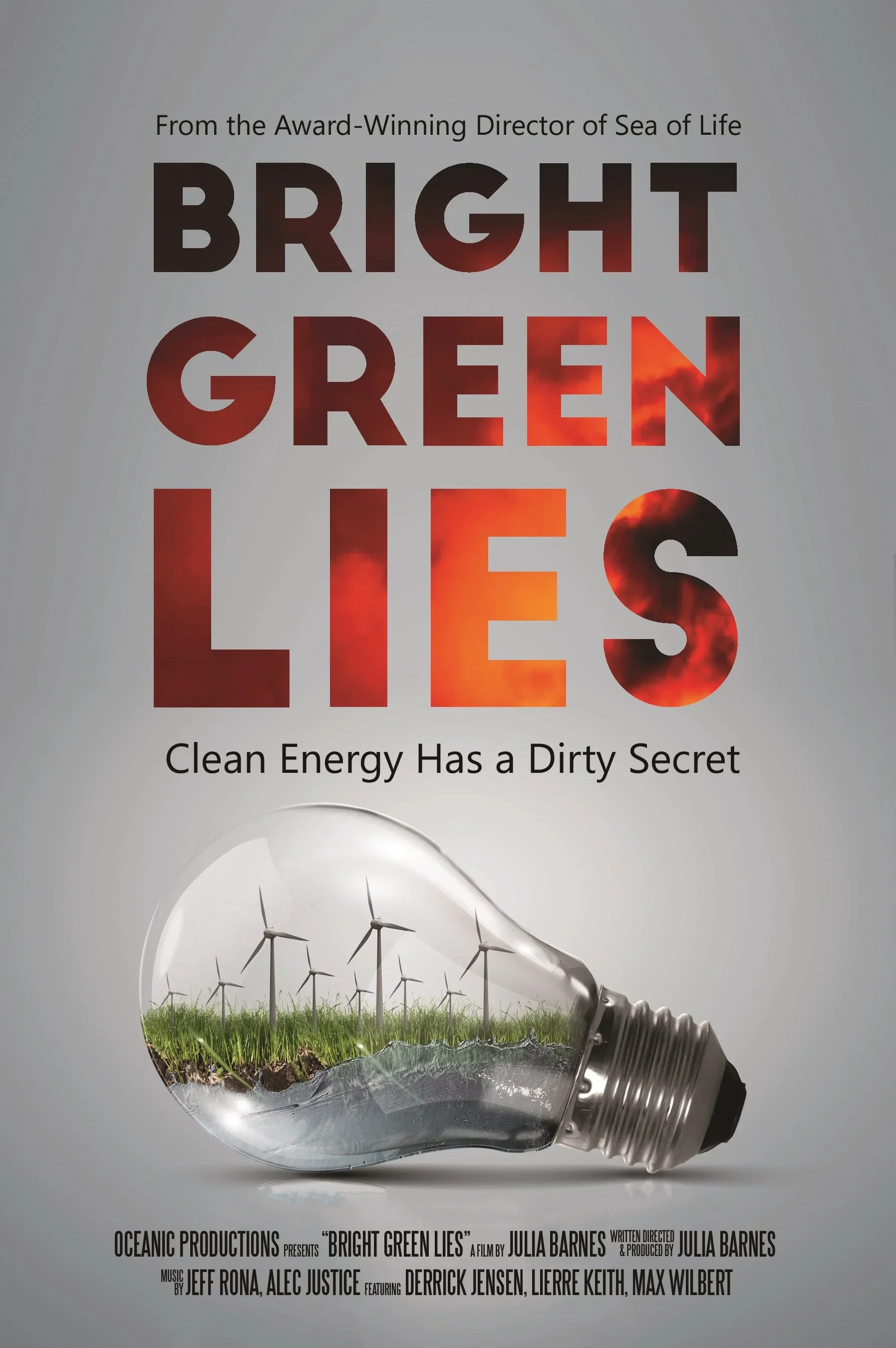 The poster features the title 'Bright Green Lies'. The main visual shows a lightbulb with a landscape of wind turbines and green grass inside.