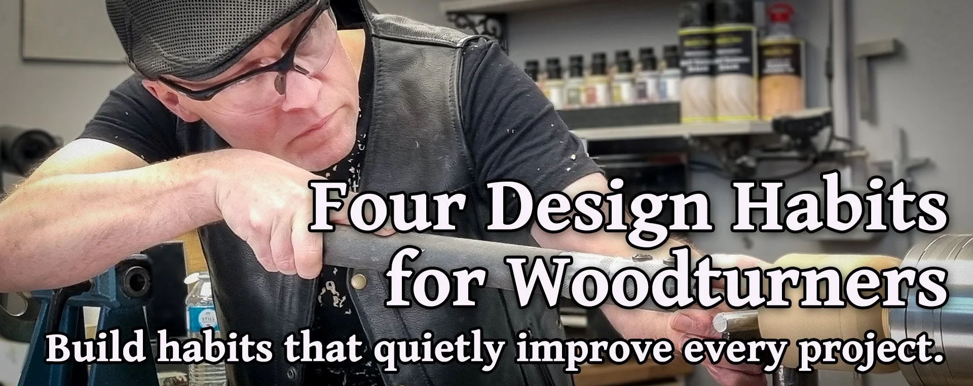 Martin Saban-Smith in safety glasses, and a mesh cap working on a woodworking project in a workshop. Overlay text reads: "Four Design Habits for Woodturners. Build habits that quietly improve every project."
