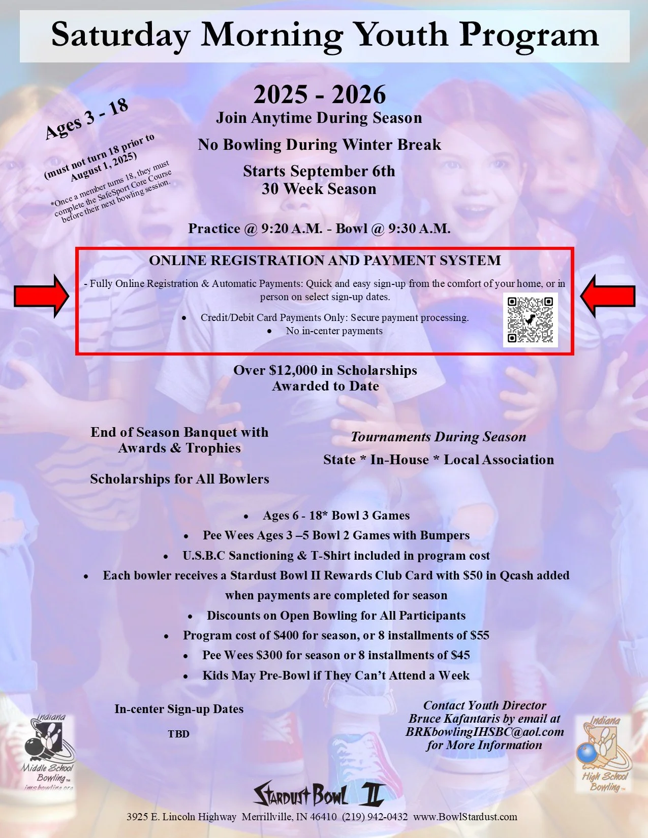 Flyer for Saturday Morning Youth Program with details about season dates, registration, fees, scholarships, and contact information, featuring children holding bowling balls in the background.
