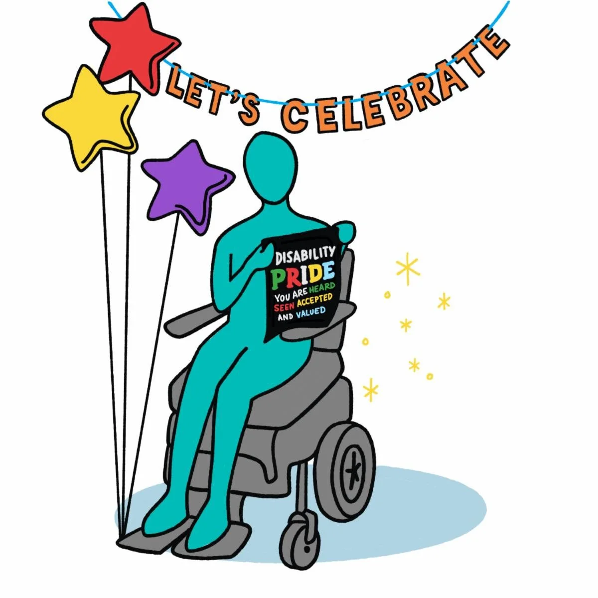 vectorized image of person in wheelchair holding a disability pride banner. Balloons are pictured on the side as well as an overhead banner.