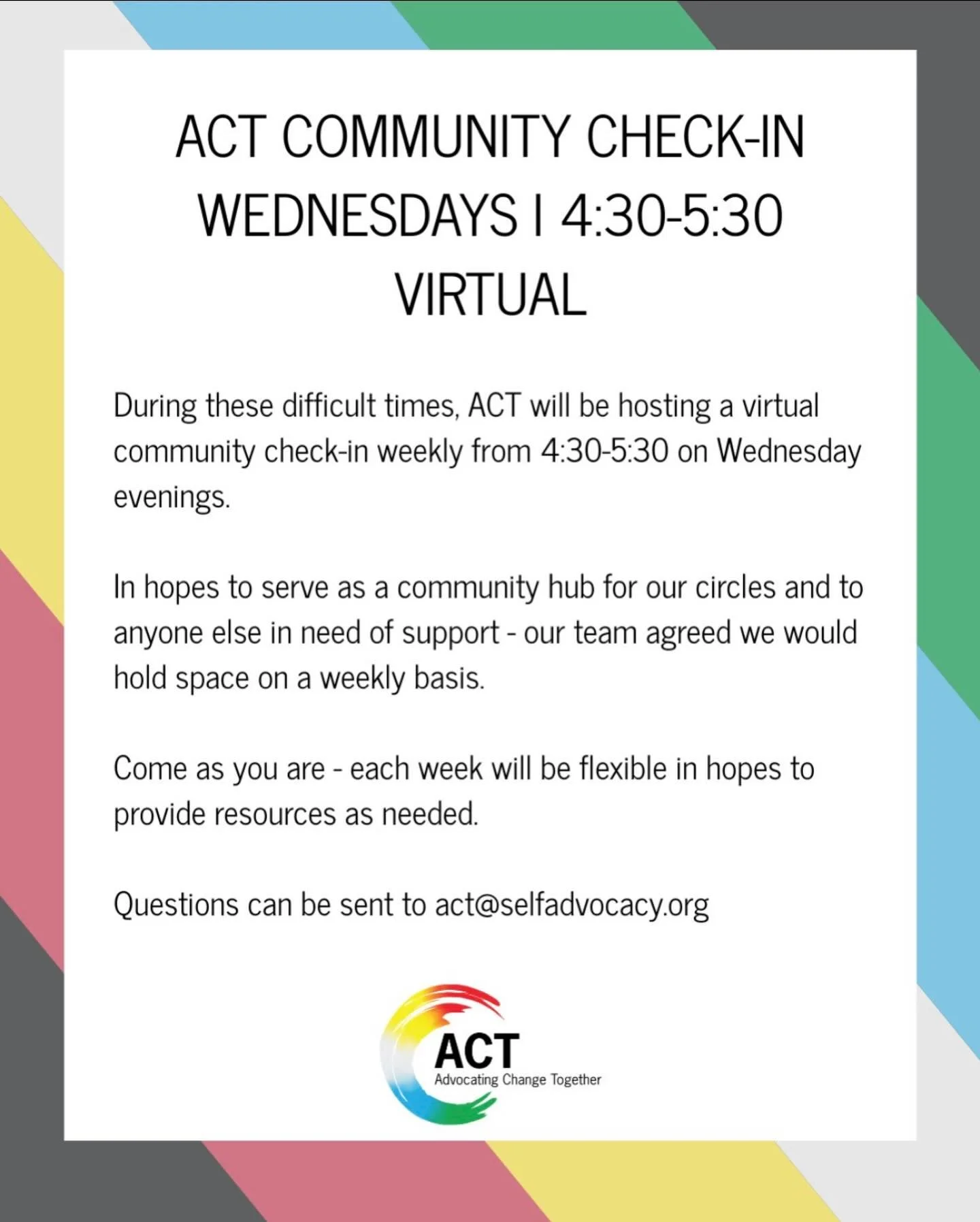 Inspired by the incredible displays of community and collective action taking place throughout Minnesota, ACT will be hosting a weekly check in on Wednesday nights. 

Join us tonight, and every Wednesday, from 4:30-5:30pm on Zoom. This will be a spac