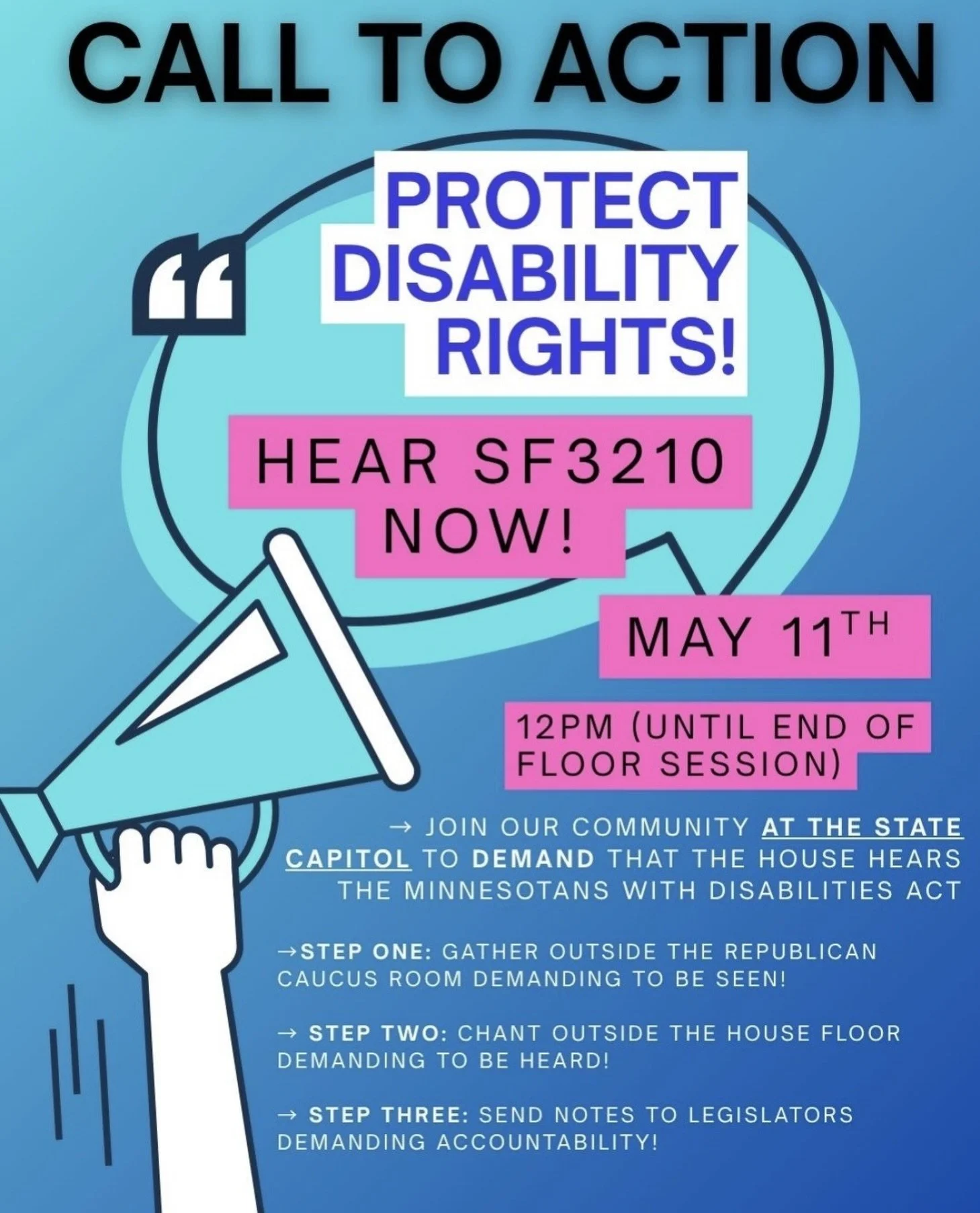 Disability rights are under threat across the country! Minnesota legislators are trying to make sure the right to accommodation is part of the human rights act here in MN. House leadership is refusing to bring the bill to protect those rights to the 