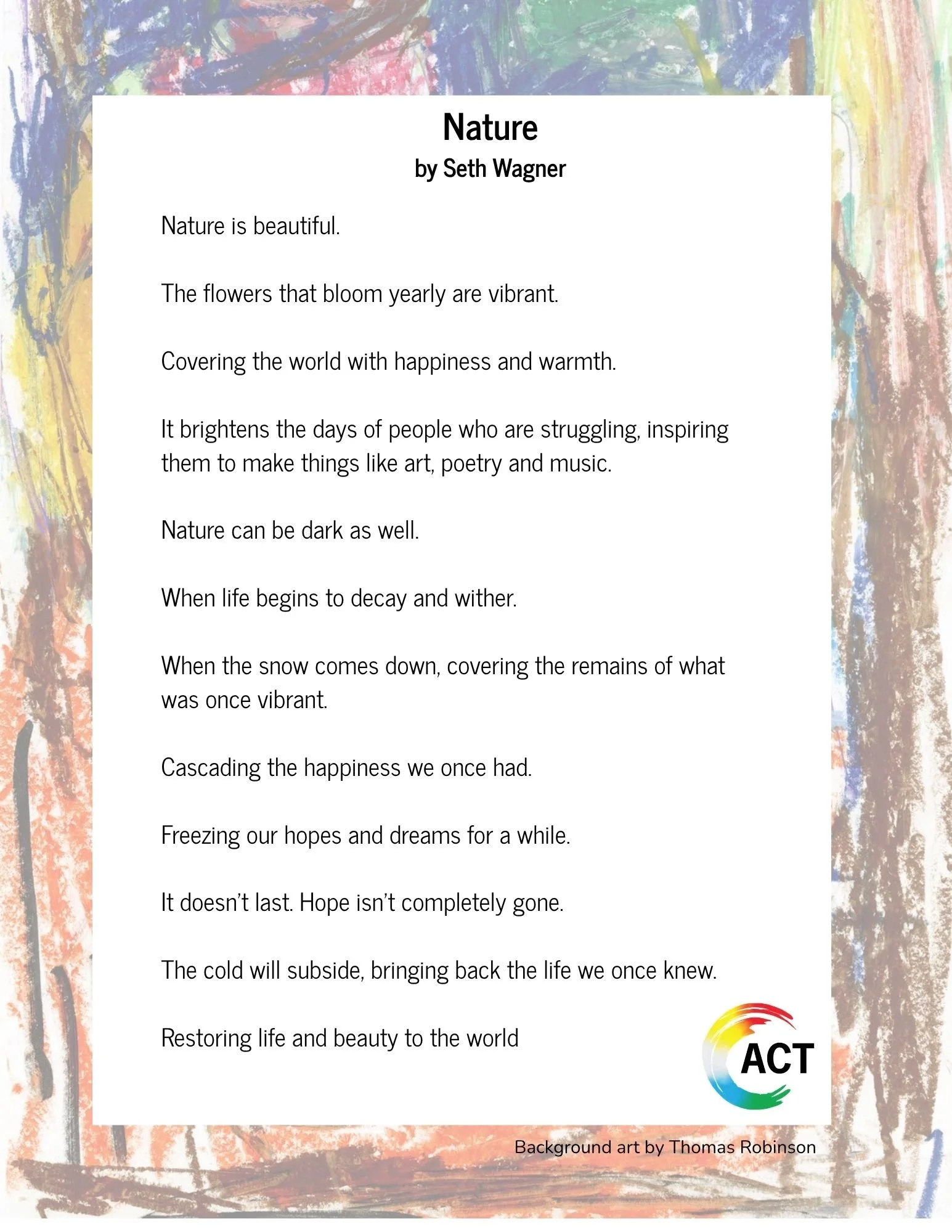 A copy of 'Nature' by Seth Wagner. White background with black text. There is a colorful border made with crayons.