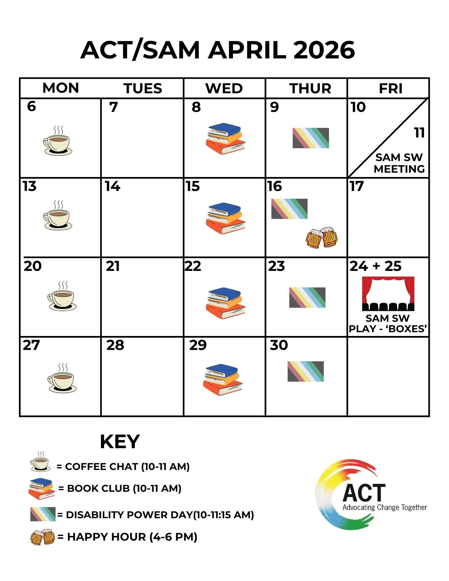 Calendar for the month of April 2026. Various logos are used on the days to represent events that ACT is hosting.
