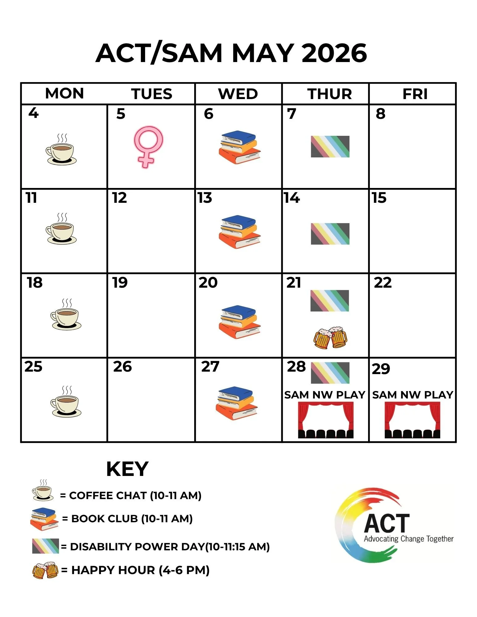 Calendar for the month of May 2026. Various logos are used on the days to represent events that ACT is hosting.