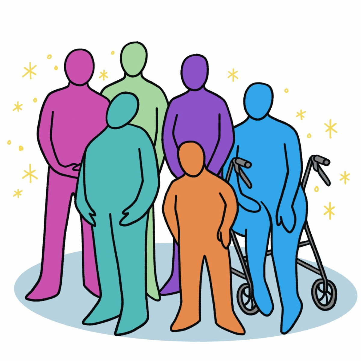A group of people stylized in a simple color. Different heights are present with one person using assisted mobility tools.