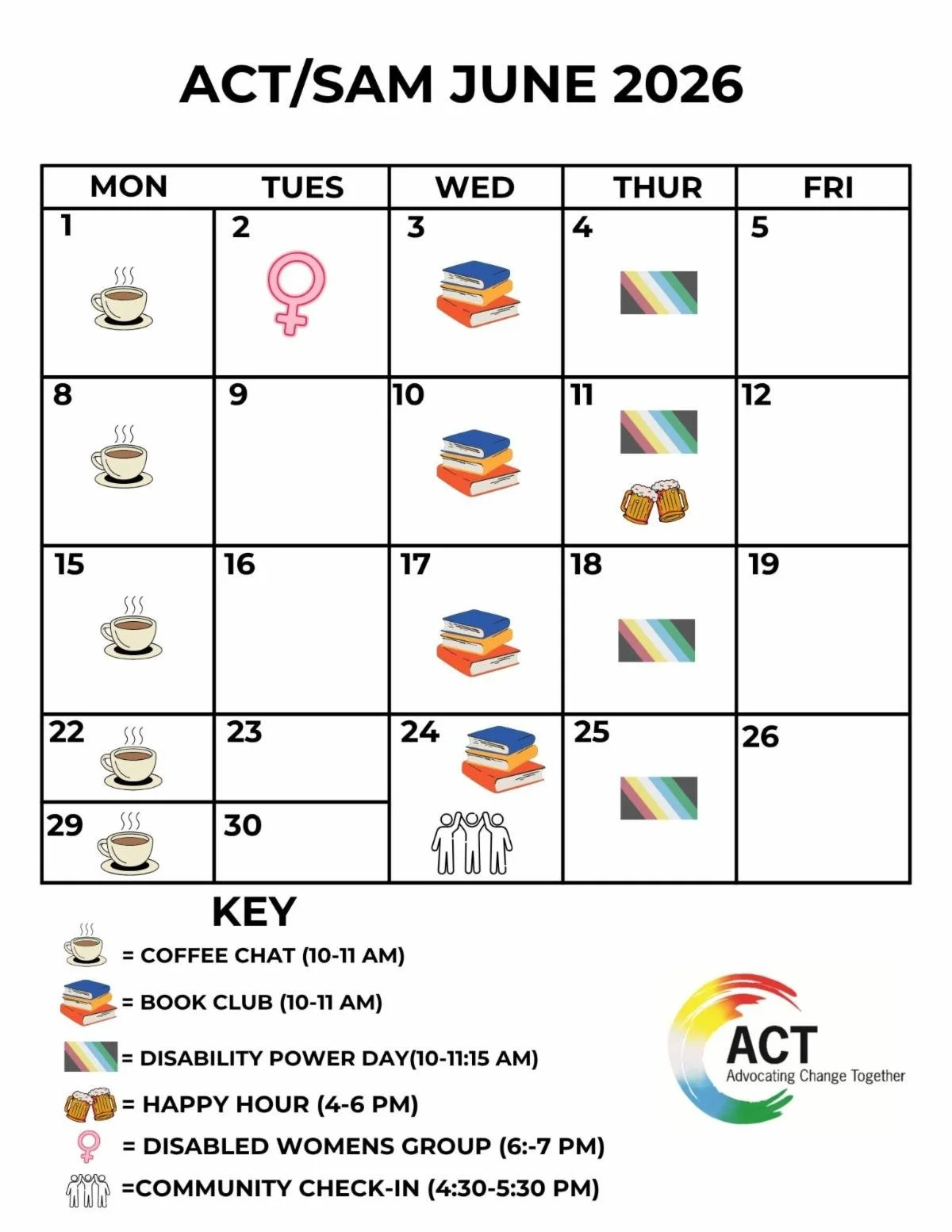 Calendar for SAM and ACT for the Month of June 2026. White background with black borders.