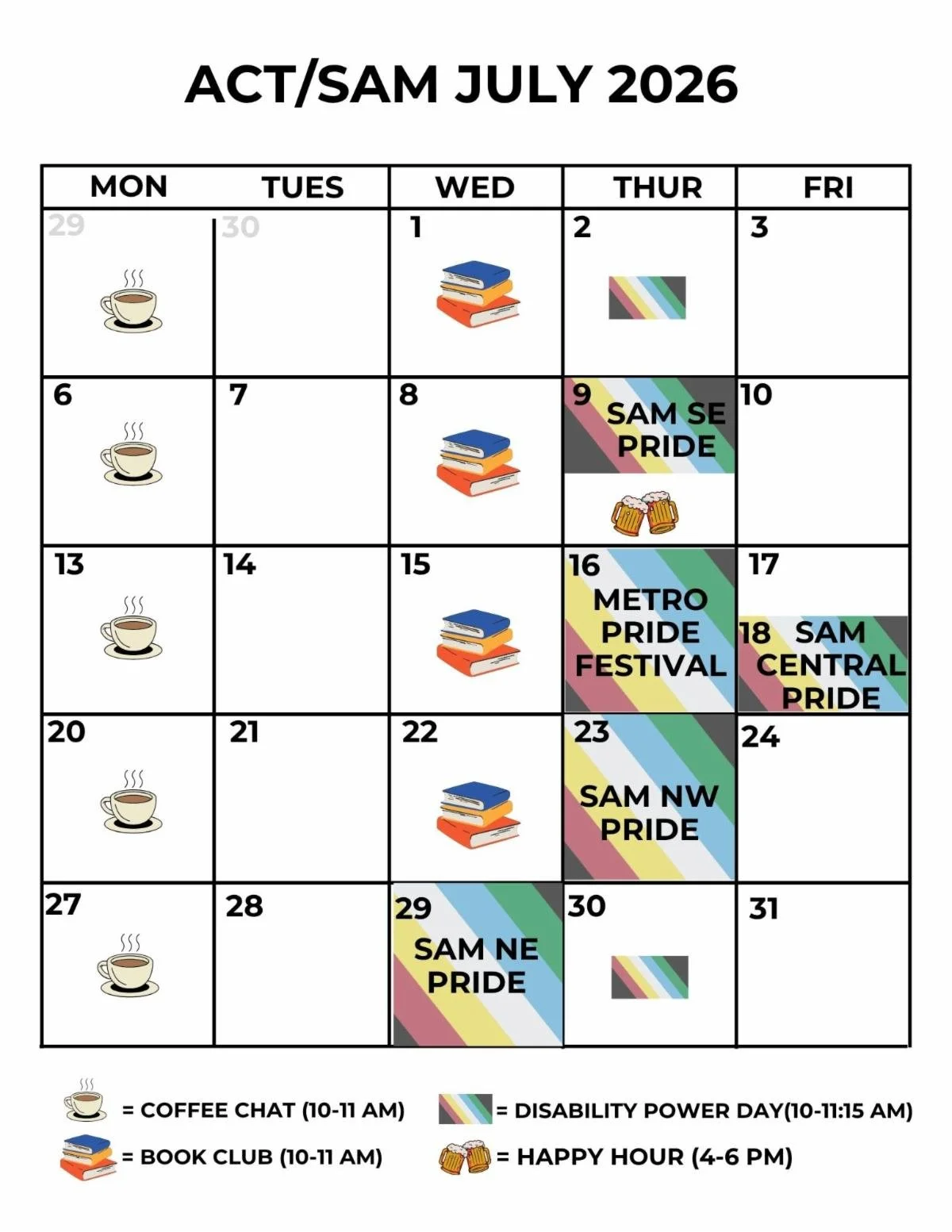 Calendar for the month of July. Colorful symbols are used for events. The calendar is primarily white with black borders.