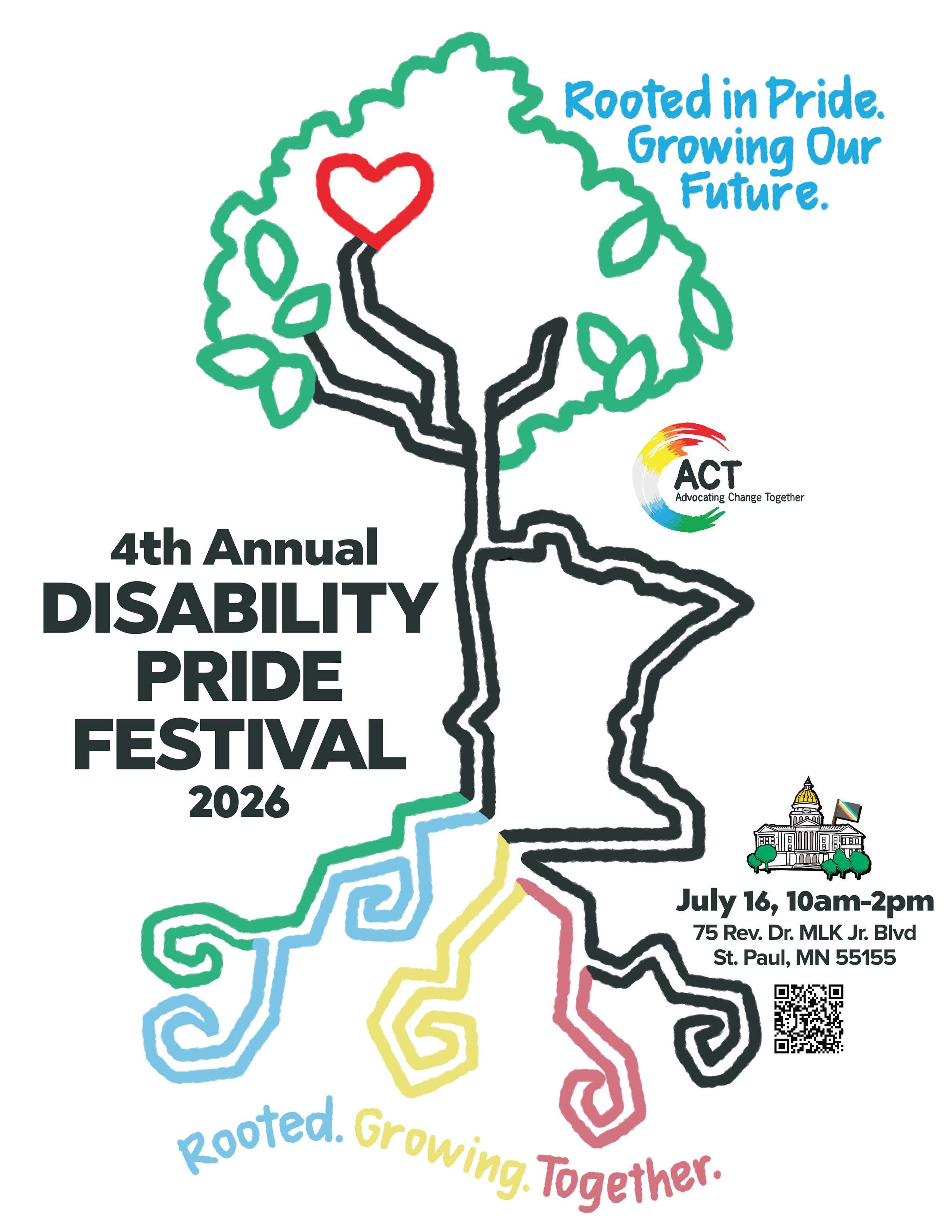 Flyer for pride festival featuring an illustrated tree with roots.