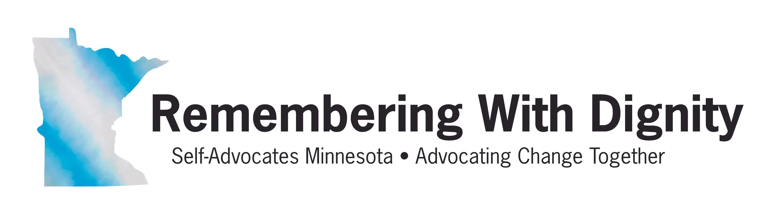 Remembering With Dignity Logo. Black text with white background. A blue and white state of Minnesota is on the left.