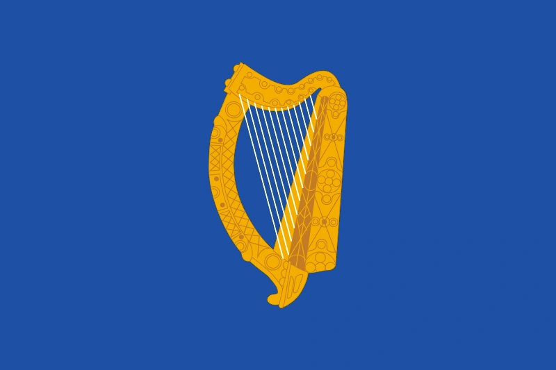 Blue background with a golden harp in the middle.