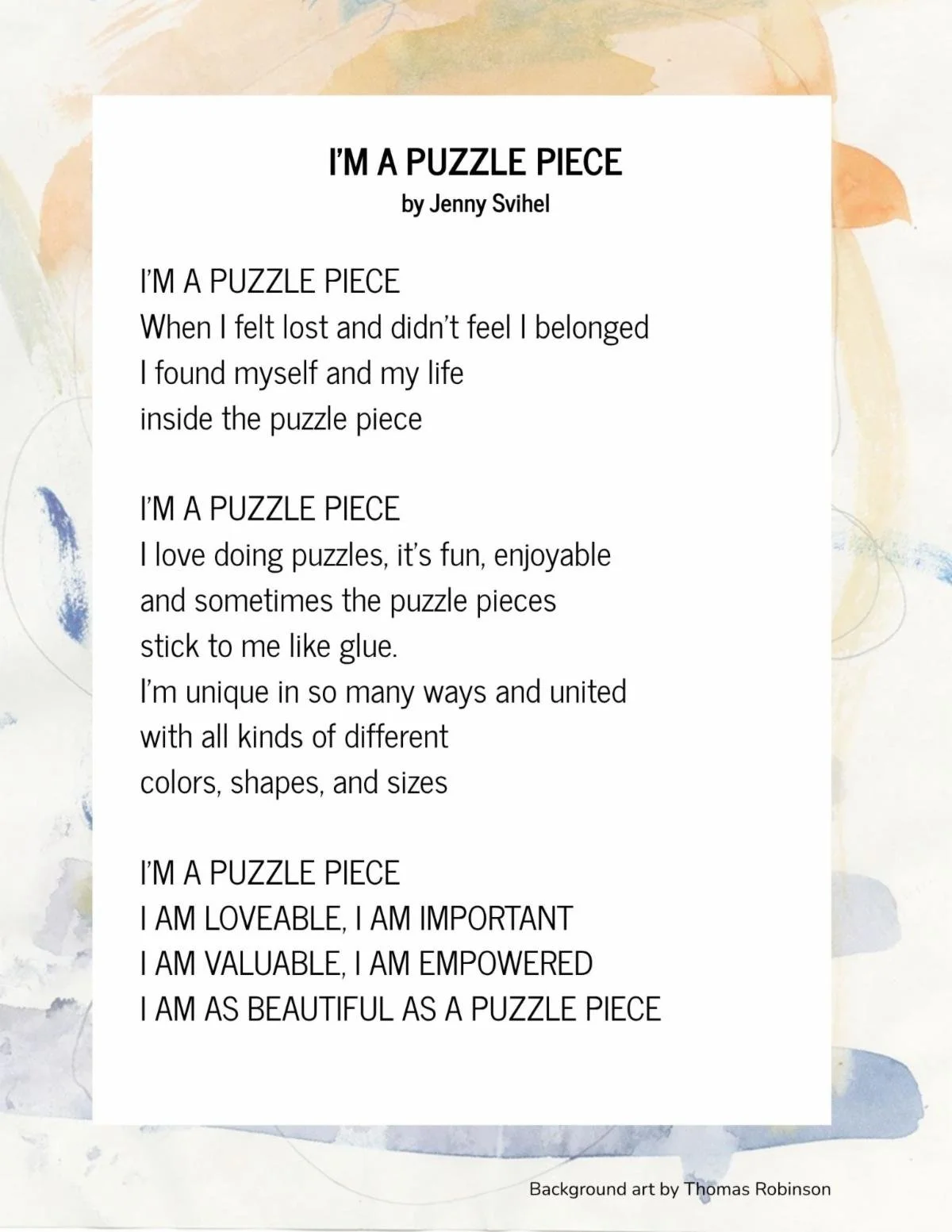 Jenny's poem. Black text with a white background. The border is a made from pastel water colors.