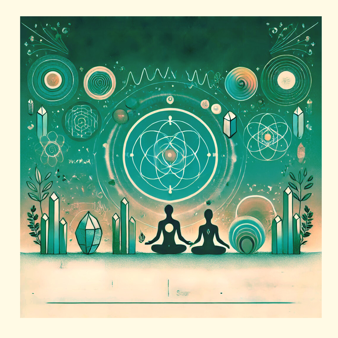 Two silhouetted figures in meditation pose surrounded by geometric shapes, symbols, and abstract patterns representing spirituality and consciousness against a teal background.