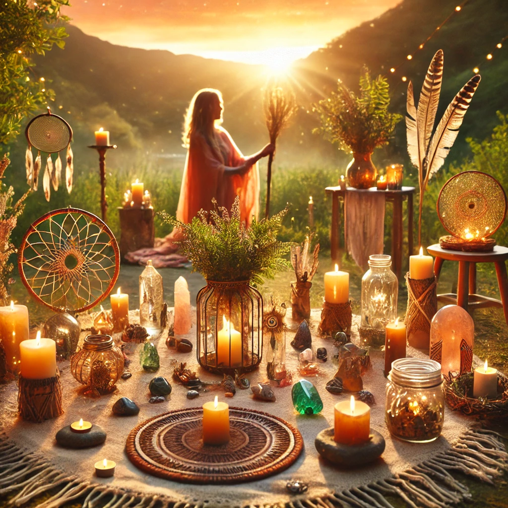 A woman in a flowing dress holding a bundle of herbs, standing in a mystical outdoor setting with a sunset in the background. The scene is decorated with candles, dreamcatchers, crystals, and plants, creating a bohemian and spiritual atmosphere.