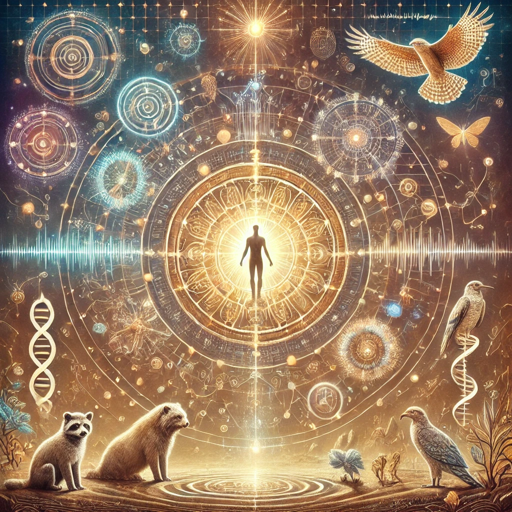 A digital artwork representing the interconnectedness of life and the universe, featuring a silhouette of a person at the center surrounded by glowing symbols, DNA strands, animals like raccoons, bears, birds, and insects, with cosmic and scientific elements such as spirals, clocks, and patterns, all bathed in a golden light.