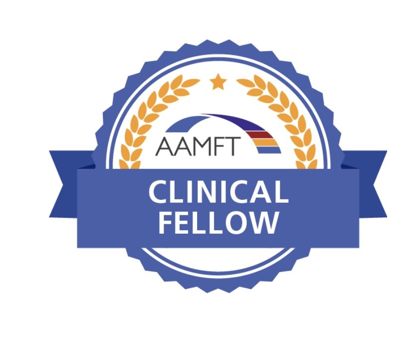Badge with a blue ribbon reading "Clinical Fellow," surrounded by laurel leaves, a star, and the AAMFT logo.