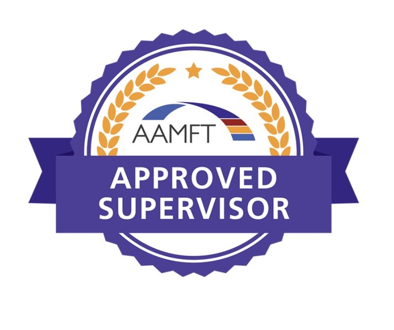 Badge with a purple border, gold star, gold laurel wreath, and text that reads 'AAMFT Approved Supervisor' in purple and white.