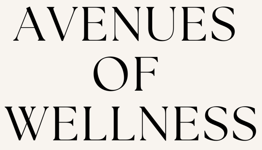 Text reading "Avenues of Wellness" in large black font on a light background. Wellness in all areas of life. Holistic wellness. Environmental wellness, as well as spiritual, physical, and mental wellness.