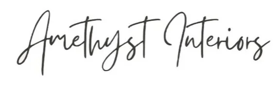Handwritten style text reading 'Amethyst Interiors'. Upscale, elevated, interior design firm, offering aligned home design, pairing the wants and needs of the client with functional, beautiful design.