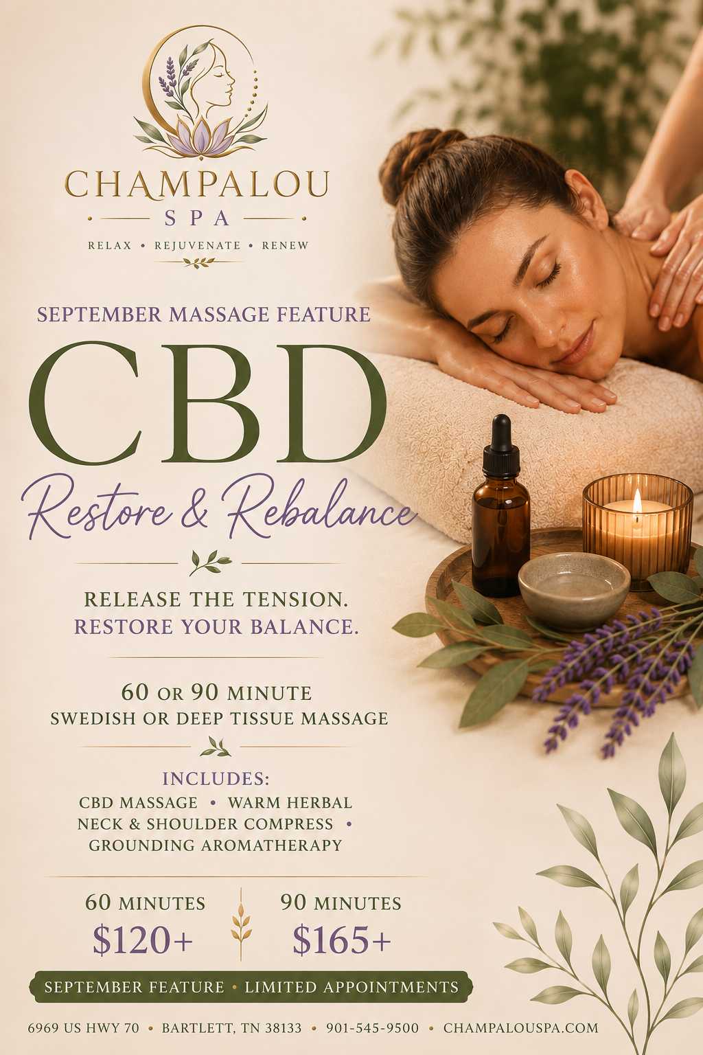 Experience targeted relief and deep restoration with our 60 or 90 minute CBD Swedish or Deep Tissue massage. Designed to release chronic tension, ease muscle fatigue, and promote full-body relaxation.