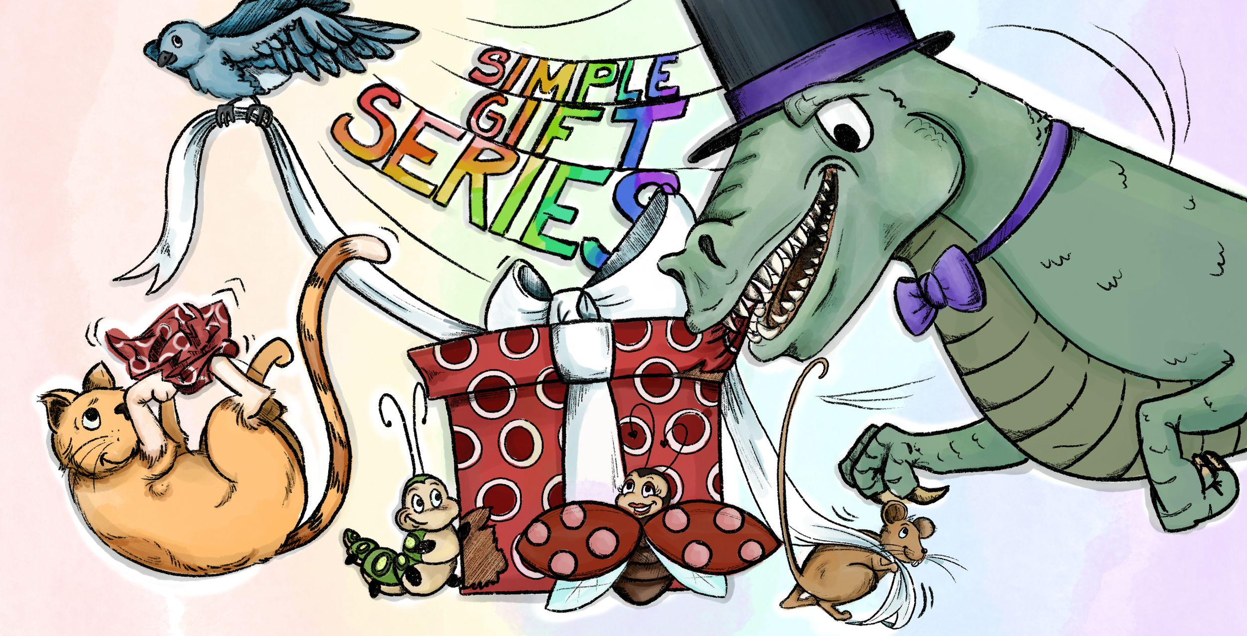 Colorful illustration of a friendly green dinosaur dressed in a top hat and bow tie, surrounded by cute animals including a cat, mice, ladybug, ladybug wings, and a caterpillar, with a rainbow-colored text reading 'Simple Gift Series'.