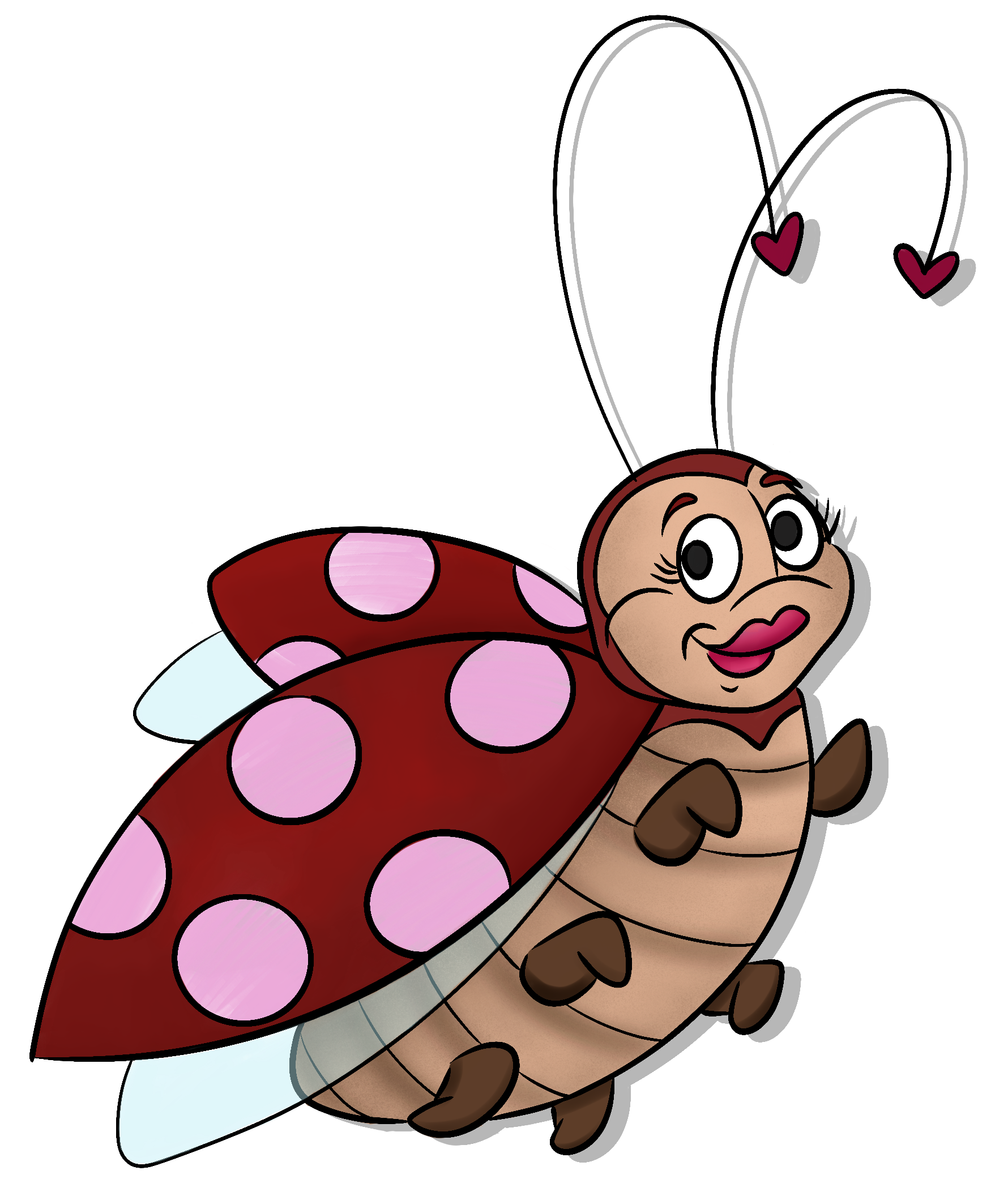 A cartoon character with the body of a ladybug, smiling, with pink and red wings, large eyes, and pink lips, with two small pink hearts above its head.