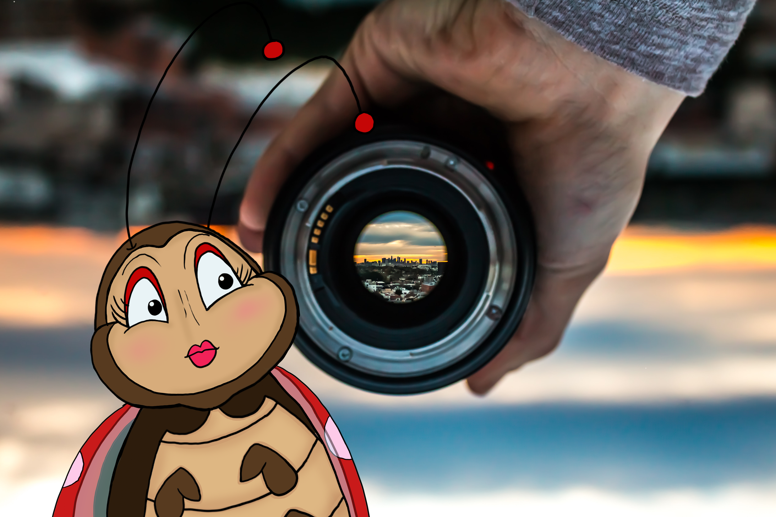 A man holding a camera with a city skyline and sunset in the lens view, and a cartoon princess with large eyes and pink lipstick added in the foreground.