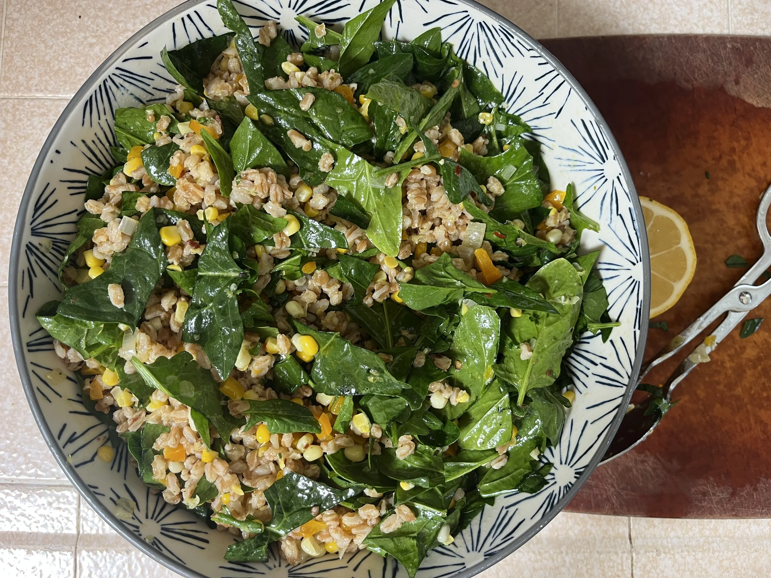 Farro with corn, spinach, and lemon