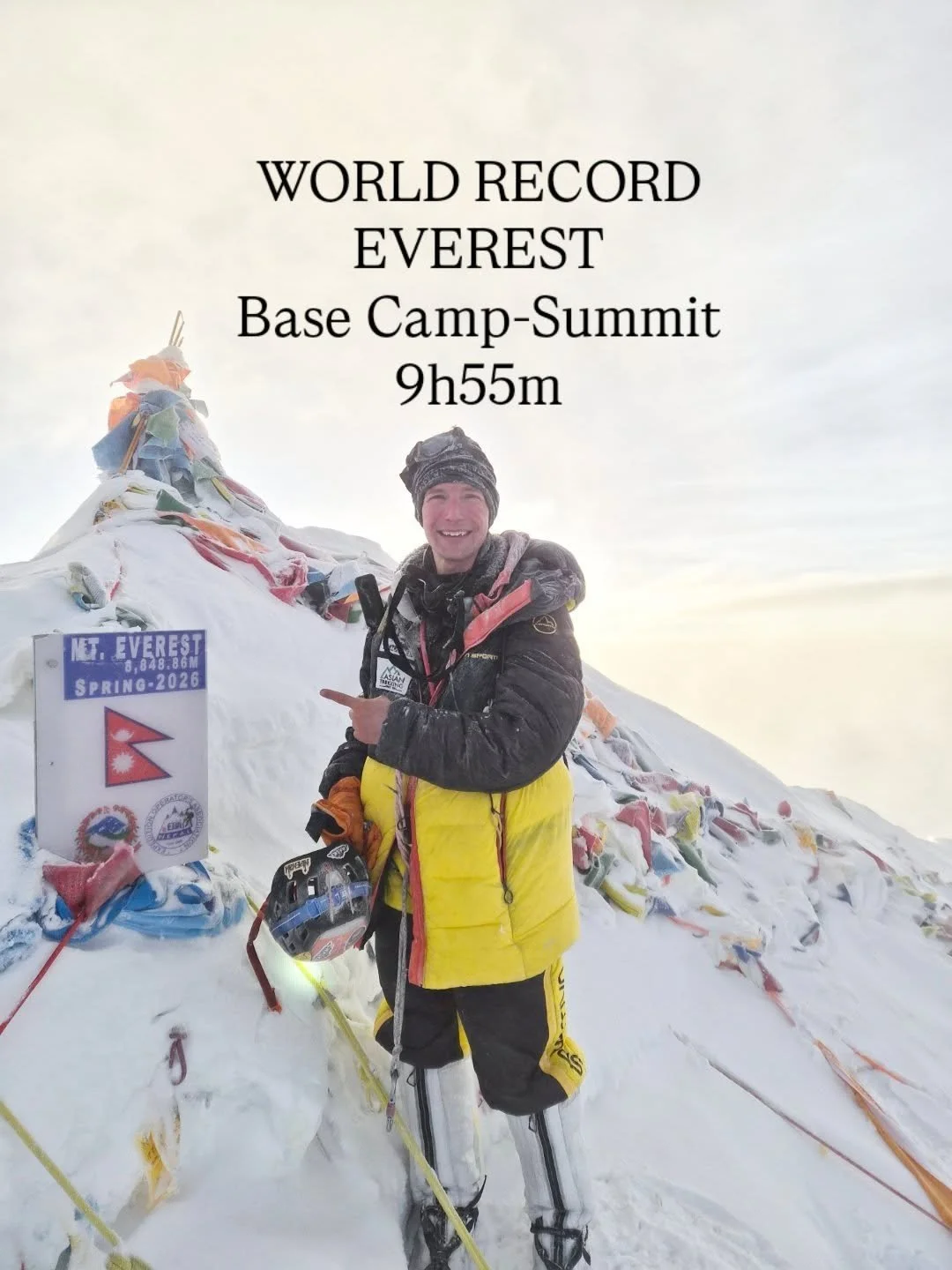 EVEREST SPEED RECORD: 9H55 (EBC - SUMMIT), 16H32 (ROUND TRIP)

(Previous record Lhakpa Gelu Sherpa, 2003, 10h56 - Note: these times include use of supplemental O2)

So, so grateful to Apu Sagarmatha, Chomolungma, Everest for allowing me safe and spee
