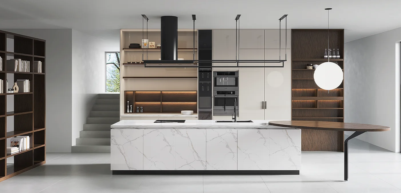 Modern kitchen with white marble island, black and wooden shelving, built-in appliances, and a round pendant light.