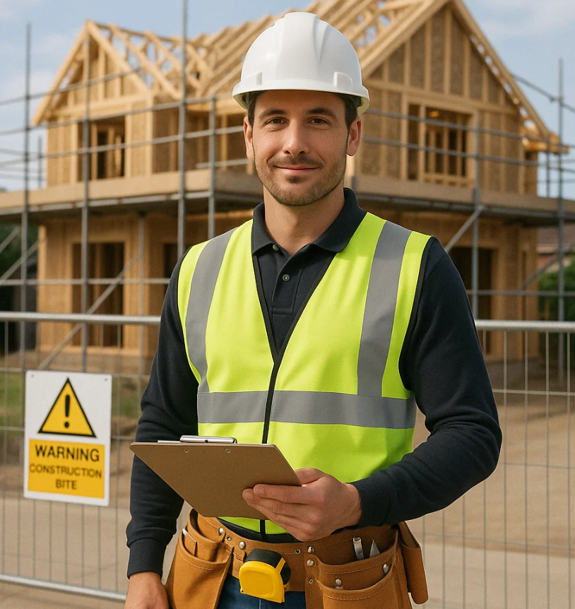 Construction worker with a clipboard standing in front of a house under construction with scaffolding, wearing a white hard hat and high-visibility safety vest.