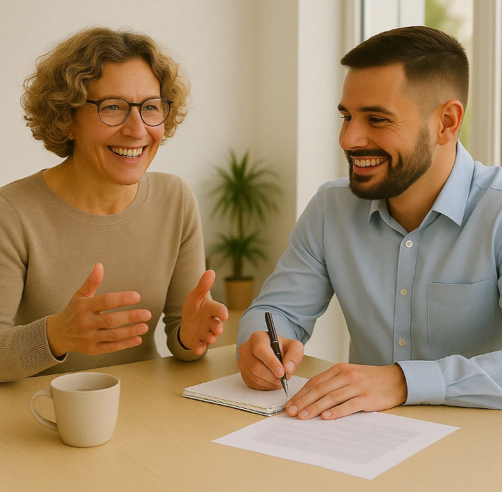 Two people sitting at a table, smiling and engaging in conversation. One is a woman with curly hair and glasses, and the other is a man with a beard, dressed in a light blue shirt, writing on a notepad.