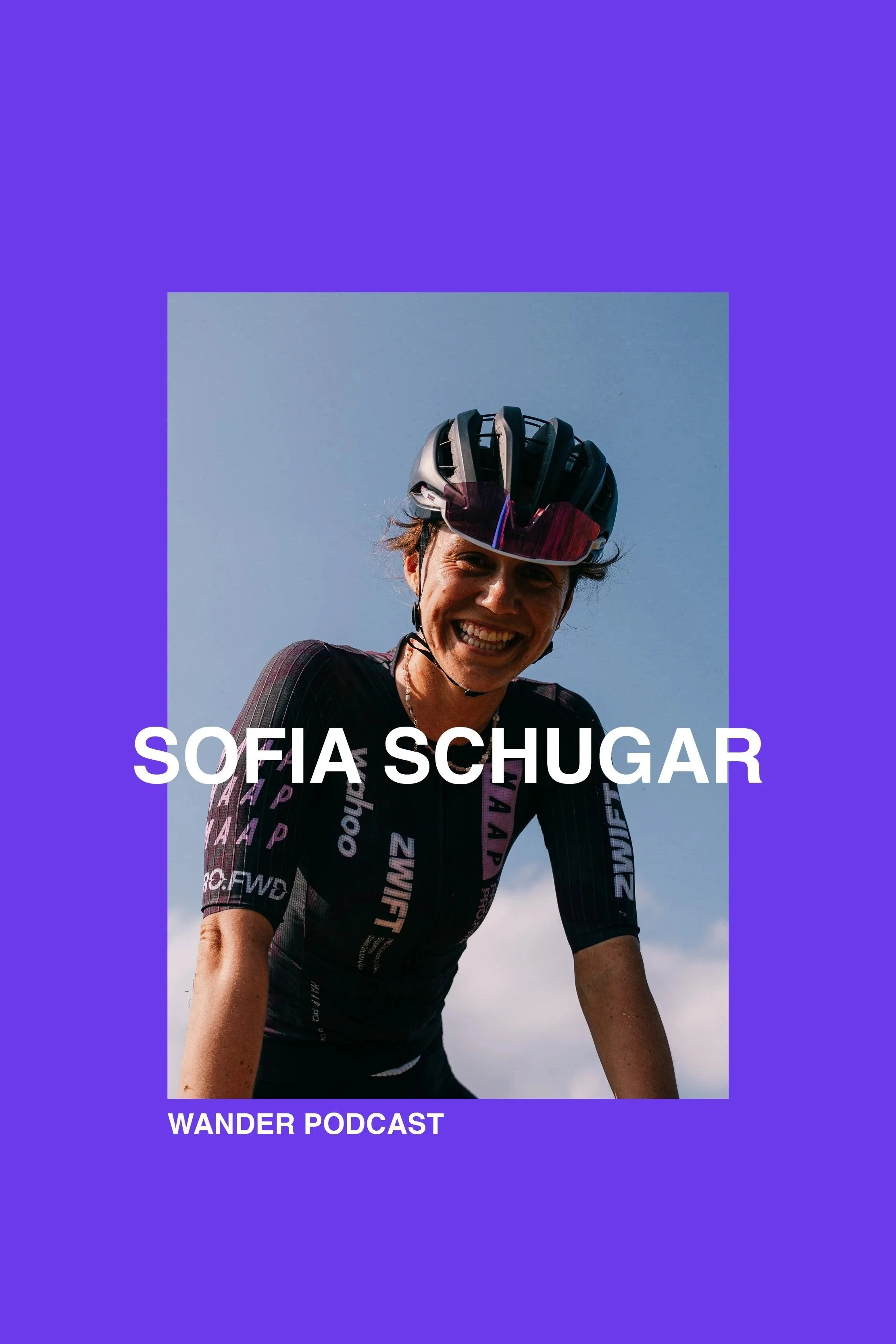 A woman wearing a bicycle helmet and cycling gear, smiling, with a blue sky background, promotional graphic for the Wander Podcast featuring Sofia Schugar.